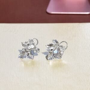 Vintage Carl Art Silver Maple Leaf blue Rhinestone Earrings gift wedding